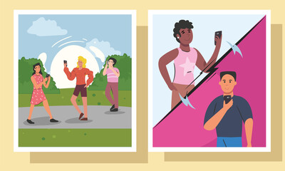 people with smartphone in frames vector design