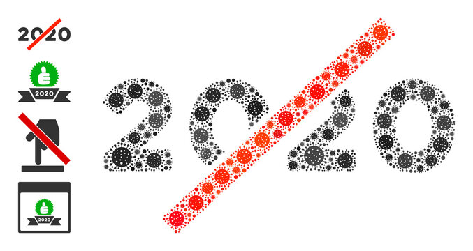 No 2020 year coronavirus mosaic icon. No 2020 year collage is organized with randomized bacilla icons. Bonus icons are added. Flat style.