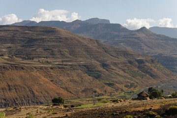 Fototapeta na wymiar summer landscape in the dry period of Ethiopia on the mountains