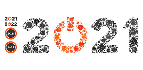 Start 2021 caption covid mosaic icon. Start 2021 caption collage is formed with scattered covid pictograms. Bonus pictograms are added. Flat style.