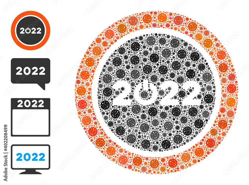 Aufkleber start 2022 round button virus mosaic icon. start 2022 round button collage is constructed of scatter
