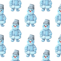 Christmas seamless pattern with a snowman on a white background. Endless print with new year's watercolor illustration. Children's, cartoon character