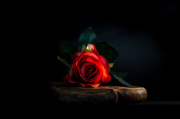 A single red rose on a heart shaped piece of wood.