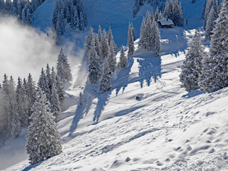 Snow-covered foothills of the Alps in Switzerland