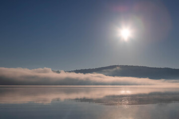 Morning mist over the lake. Vlasina lake, Eastern Serbia