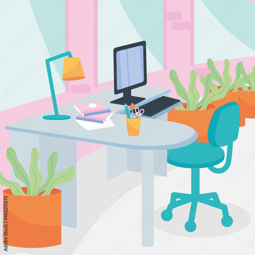 Poster workplace with desk computer and plants vector design