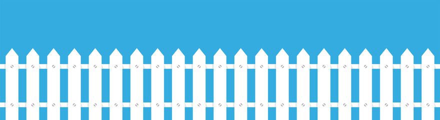 Rural fence wooden in flat style. White fence picket silhouettes Isolated on blue background. Cartoon vector illustration. 
