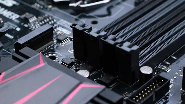Macro close up of a modern computer gaming motherboard 
