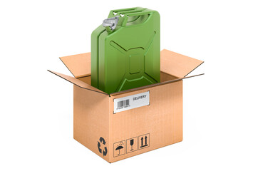 Jerry can inside cardboard box, delivery concept. 3D rendering