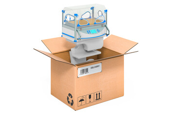 Neonatal incubator inside cardboard box, delivery concept. 3D rendering