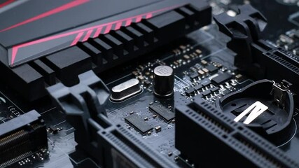 Macro close up of a modern computer gaming motherboard 

