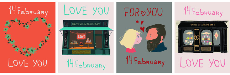 Happy Valentine's day, February 14. Vector cute illustrations of a shops. Drawings for postcard and poster. Flyers, invitation, poster, brochure, banner.