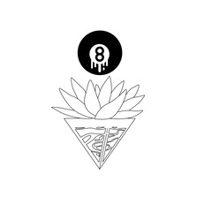 Line art of 8 Ball floating upon lotus that above water triangle shape as the unpredicted fate but still prosper one suitable for make pattern or tattoo, etc.