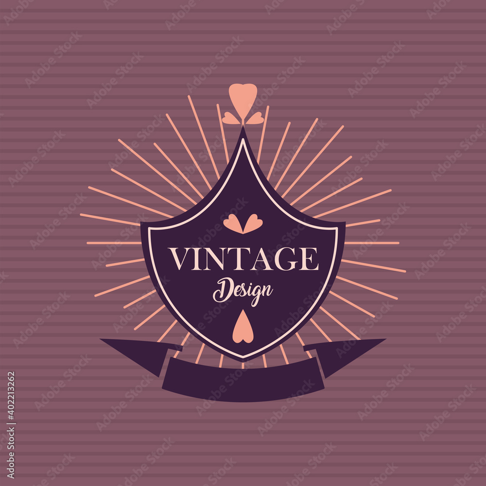 Poster vintage design shield label with ribbon and lines vector design