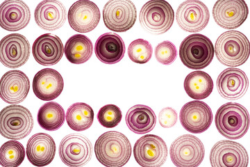 sliced red onions set isolated on white background,top view