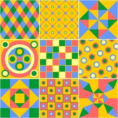 Patchwork with multicolored abstract geometric patterns. Print for fabric and textile. Vector drawing.