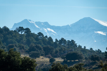View of the three highest snow-capped peaks in Sierra Nevada from the Sierra de Huétor natural park