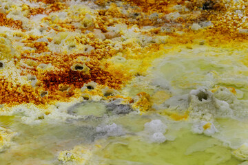 yellow and red stones in a volcanic crater that heat and boil from the heat