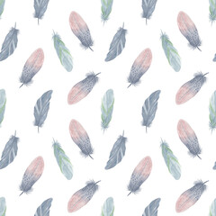 Bird feathers seamless pattern boho style watercolor illustration colorful fancy decorative wings for creative rustic design, wedding invitation, home textile