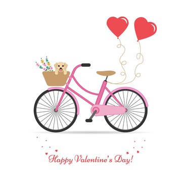 Happy Valentine's Day greeting card. Pink bike with a basket of flowers and a cute puppy. Two red heart-shaped balloons. Vector illustration isolated on white background.