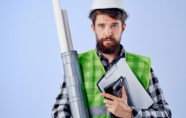 bearded builder white helmet blueprints work professional engineer