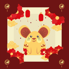 Chinese new year 2021 mouse with red flowers and lanterns vector design