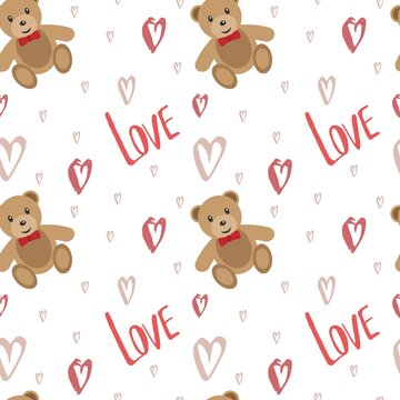 Valentine's day seamless pattern. Love and cute teddy bear with a red bow. Vector illustration isolated on white background.