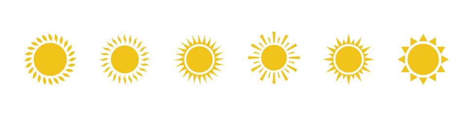 Sun icon yellow set isolated on white background. Sun icons collection. Star simple flat logo icon. Trendy vector summer icon for website design, mobile app. Vector illustration