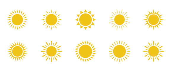 Sun icon yellow set isolated on white background. Sun icons collection. Star simple flat logo icon. Trendy vector summer icon for website design, mobile app. Vector illustration