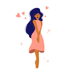 Cute shy girl with closed eyes long hair hugs herself. Selfcare vector illustration. Female happiness. Body positive, self care, love yourself. Happy woman in pink dress. Valentines Women day postcard