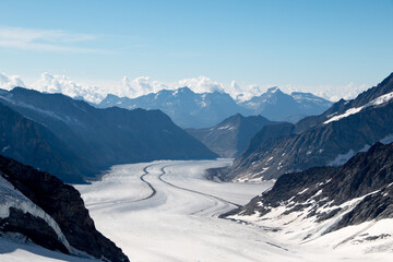 Aletsch Glacier in pristine alpine environment surrounded by the Swiss Alps