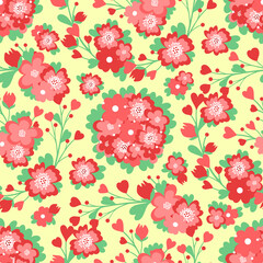 Hand drawn seamless pattern of pink blooming flowers, leaves. Spring floral set illustration for design Valentine's day, Women's day or Birthday card, invitation, wallpaper, wrapping paper, baby room
