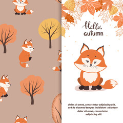 Cartoon little fox. Seamless autumn forest pattern with cute foxes for kids