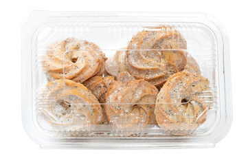 Food concept. In a container Shortbread with seeds, sugar. Isolated on a white background close up