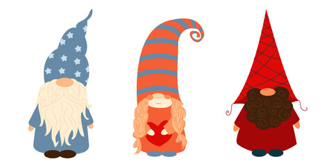Christmas gnome vector. Cute scandinavian gnomes in cartoon style. Scandinavian holiday symbols isolated on white background.