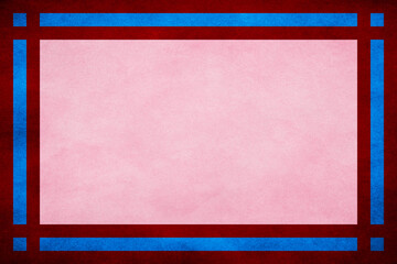 Dark red grunge frame around a pink textured parchment background in center with blue textured geometric border trim of rectangle lines and squares in corners.