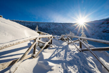 beautiful winter landscape in sunny day in Karkonosze mountains in Poland