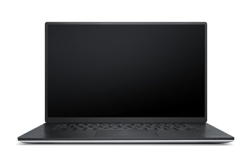 Open laptop or notebook screen, front view. Blank laptop mockup. Screen display is black and straight, easy to add content. Isolated on white.