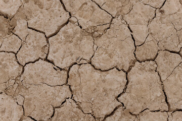 top view of a dried-up riverbed in southern Ethiopia where the ground is cracked and grass is trying to grow