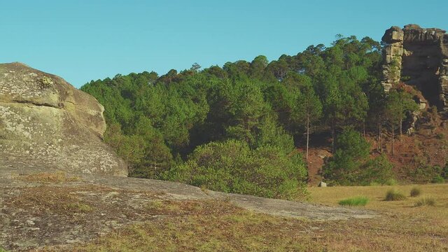 Vista de una piedra ancestral colosal del parque natural "Piedras Encimadas", Puebla M&eacute;xico, la piedra y al fondo un hermoso lugar muy verde