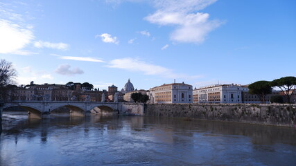 Picturesque view of Saint Angel Bridge over the Tiber river in Rome, Italy