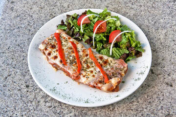 Milanesa a la Nepolitana with lettuce and tomato salad on a plate on a gray granite background