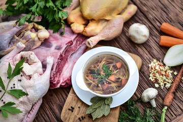 Slow-boiled broth based on several types of meat and aromatic vegetables.