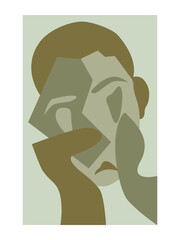 Monochrome abstract portrait. Human face close-up. Cubism art style. Isolated vector illustration