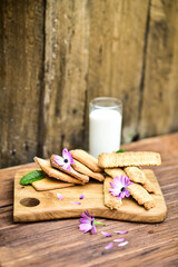 Shortbread butter cookies served with milk.