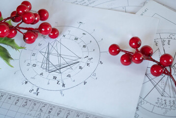 Printed astrology  natal charts with Christmas holiday mistletoe decoration
