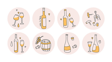 Highlights covers, posts and stories for social media. Round icons of wine bottle, wine glasses, wine barrel, corkscrew. Vector flat cute illustrations for blogging and design