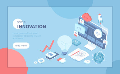 Social Innovation, Idea, Strategy, Technology, Innovative Approaches. Isometric vector illustration for poster, presentation, banner, website.