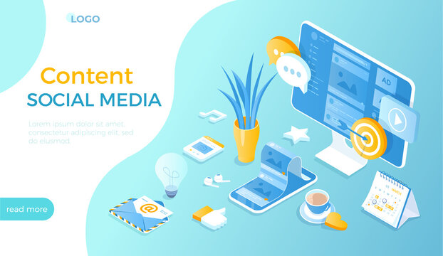 Social Media Content. Effective  strategy content marketing. Viral Marketing and Social Media Sharing. Isometric vector illustration for website.