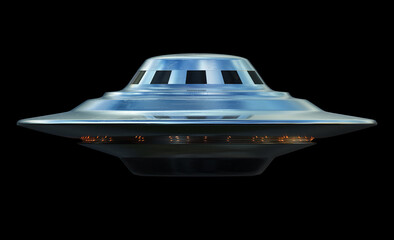 Unidentified Flying Object. UFO over black with clipping path included. 3D illustration.